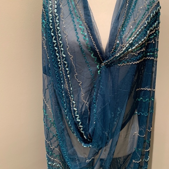 Teal Blue Hand-Sequined Tulle Fabrics - Picture 6 of 6